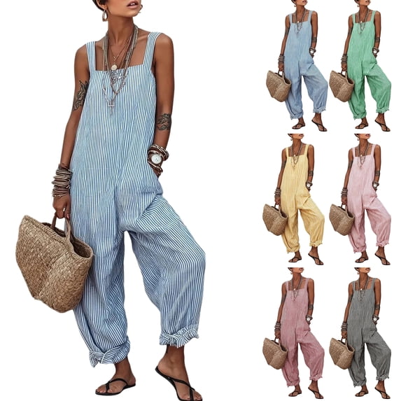 WULMLEO Women's Striped Loose Fit Square Neck Rompers Sleeveless Minimalist Wide Leg Jumpsuit with Pockets Summer Casual Overall Dressy 2026 Overalls Sky Blue 2XL