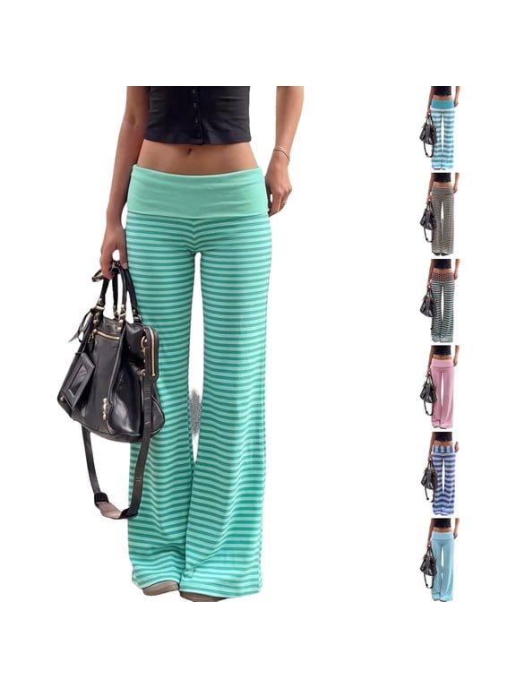 Women's Striped Wide Leg Palazzo Pants Fold Over High Waist Lounge Trousers with Pockets Cyan S