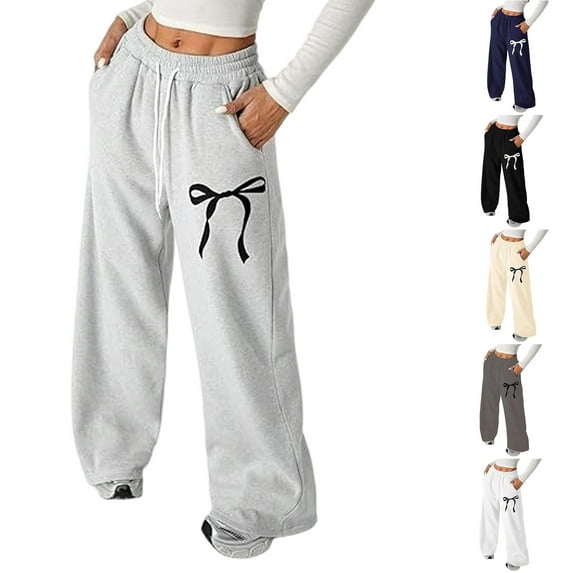 WULMLEO Womens Y2k Bow Wide Leg Sweatpants Graphic Elastic Waist Travel Pants Baggy Lounge Athletic Trousers Street Bottoms Gray S