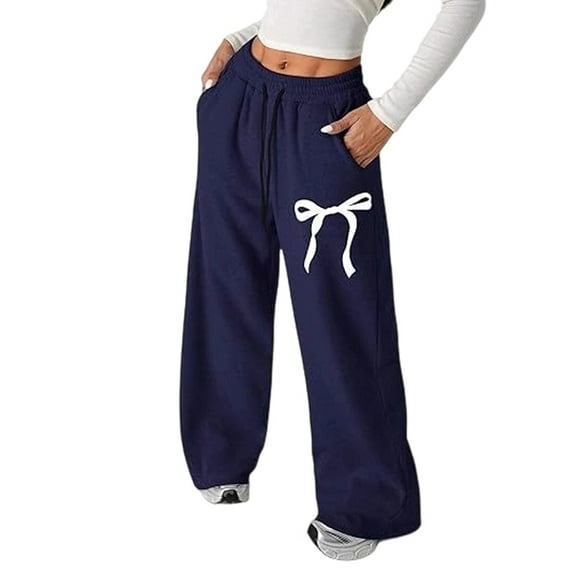 WULMLEO Women's Sweatpants Bow Graphic Drawstring Elastic Waist Wide Leg Pants with Pockets Navy L