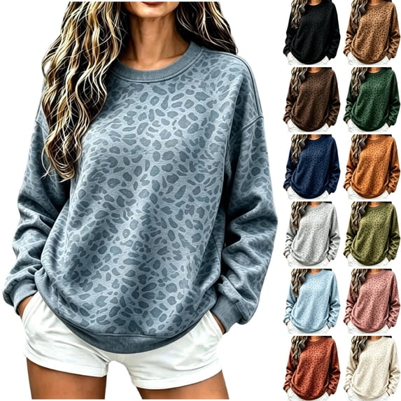WULMLEO Women's Sweatshirt Long Sleeve Crew Neck Leopard Shirts Fashion Sweaters Trendy Oversized Athletic Pullover Tops Navy 3XL