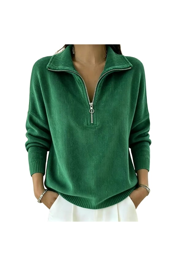 Women's Sweatshirts with Quarter Zipper 1/4 Zip Long Sleeve Loose Fit Pullover Sweaters Green S