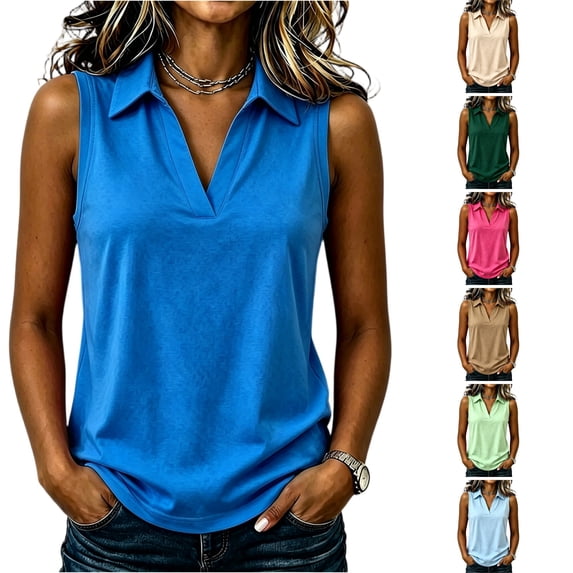 WULMLEO Women's Tank Tops Collared V Neck Sleeveless Y2k Tshirts Casual Fitted Tshirt Cute Sexy Going Out Shirt Blue XL