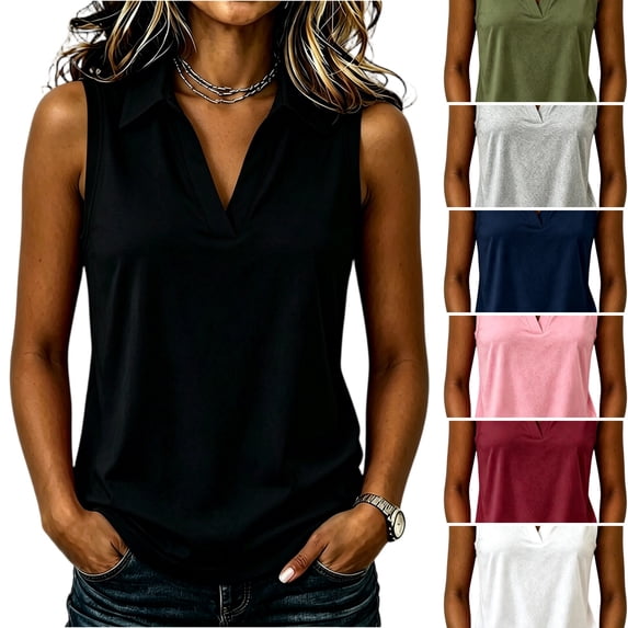 WULMLEO Women's Tank Tops V Neck Collared Sleeveless Y2k Tshirts Casual Trendy Tshirt Fashion Loose Fit Work Tees Black 2XL