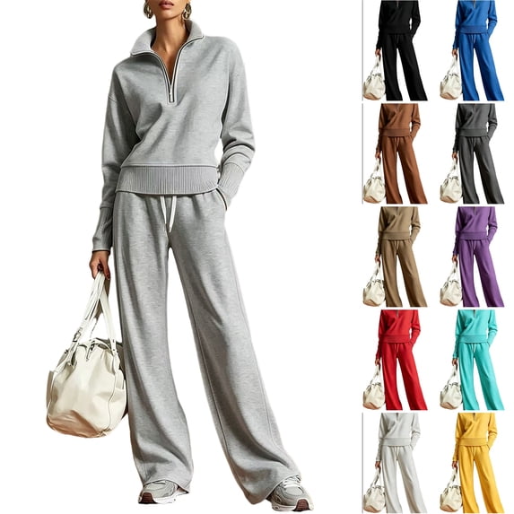 WULMLEO Women's Two Piece Sets Knit Fall Quarter Zip Long Sleeve Pullover Wide Leg Palazzo Pants Outfits 2026 Casual Cozy Tracksuit Comfort Suits with Pockets Light Gray M