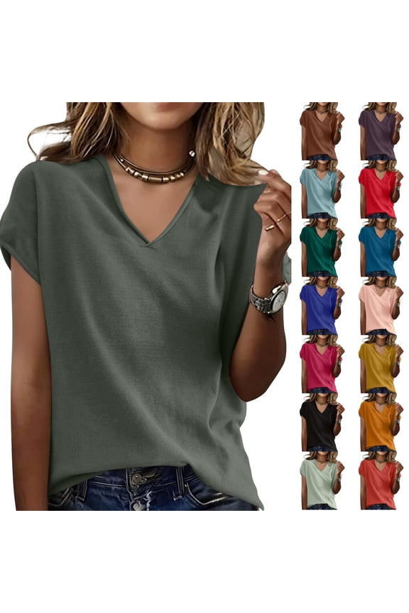 Women's V-Neck Sleeve Blouse Casual Summer Tops for Beach Vacation Army Green M
