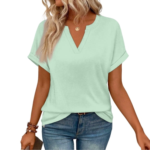 WULMLEO Women's V Neck Summer Tops Casual Short Sleeve T Shirts Basic Loose Fit Dressy Tees Green 2XL