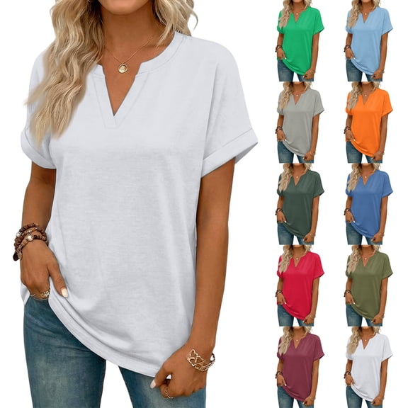 WULMLEO Women's V Neck Summer Tops Casual Short Sleeve T Shirts Basic Loose Fit Dressy Tees White S