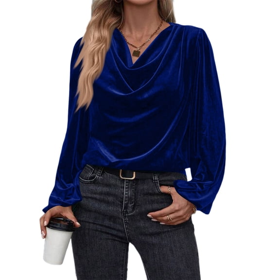 WULMLEO Women’s Velvet Cowl Neck Blouse Long Sleeve Draped Top Elegant Soft Luxurious Shirt Casual Chic Outfits Royal Blue L