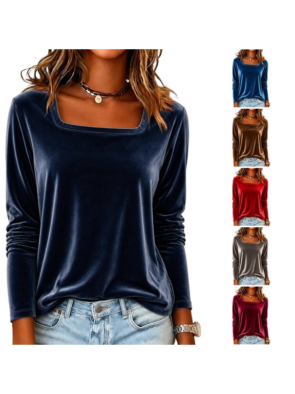 Women's Velvet Long Sleeve Top Square Neck Soft Casual Blouses Navy M