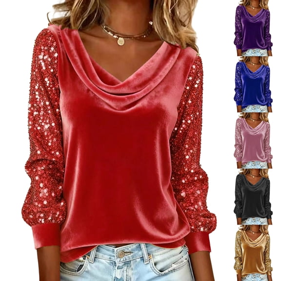 WULMLEO Women's Velvet Sequin Tops Elegant Cowl Neck Shirt Dressy Long Sleeve Sparkly Blouse Trendy Glitter Evening Party Red S
