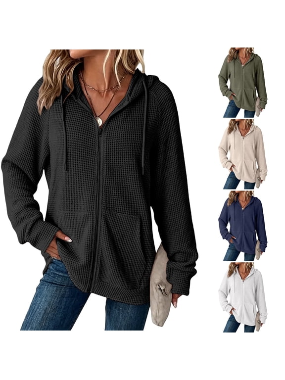 Women's Waffle Knit Full Zip Hoodies Long Sleeve Drawstring Hooded Sweatshirt with Pockets Black 2XL