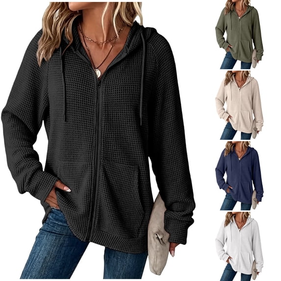 WULMLEO Women's Waffle Knit Full Zip Hoodies Long Sleeve Drawstring Hooded Sweatshirt with Pockets Black XL