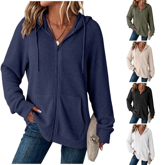 WULMLEO Women's Waffle Knit Full Zip Hoodies Long Sleeve Drawstring Hooded Sweatshirt with Pockets Blue 2XL