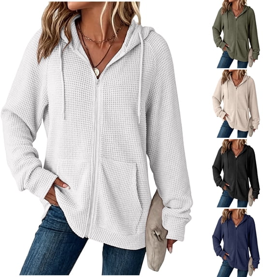 WULMLEO Women's Waffle Knit Full Zip Hoodies Long Sleeve Drawstring Hooded Sweatshirt with Pockets White L