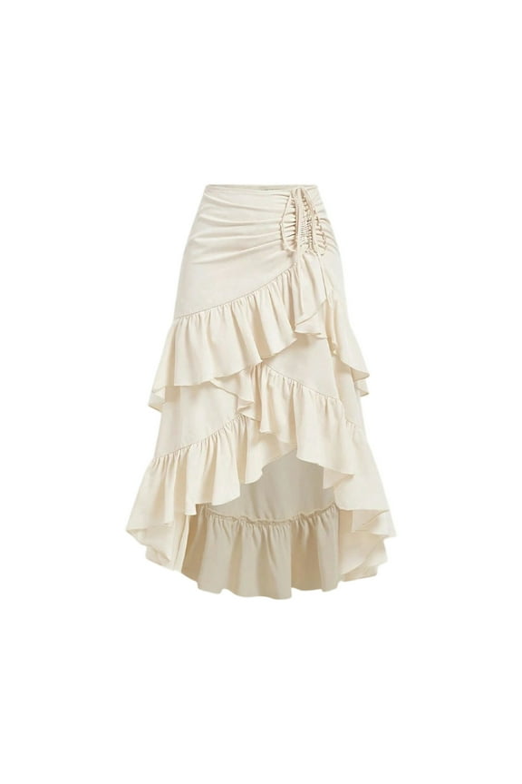 Women's Western Boho Flowy Ruffle Hem Tiered Midi Skirts High Low Asymmetrical Drawstring Skirts Beige S