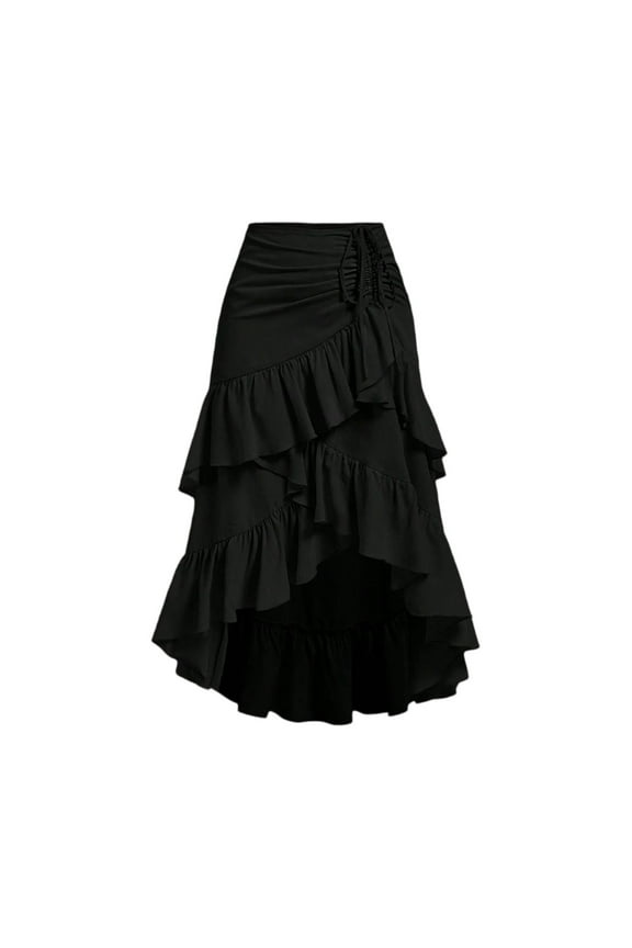 Women's Western Boho Flowy Ruffle Hem Tiered Midi Skirts High Low Asymmetrical Drawstring Skirts Black M