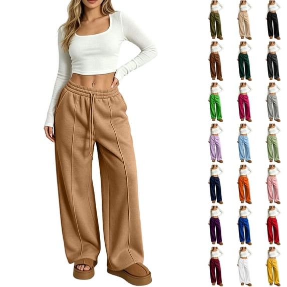 WULMLEO Women's Wide Leg Sweatpants with Front Seam Detail Elastic Drawstring High Waist Loose Casual Pants with Pockets Camel 2XL