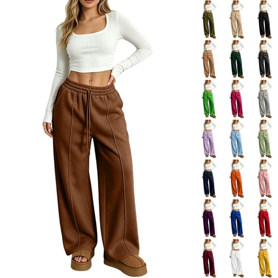 WULMLEO Women's Wide Leg Sweatpants with Front Seam Detail Elastic Drawstring High Waist Loose Casual Pants with Pockets Coffee 2XL