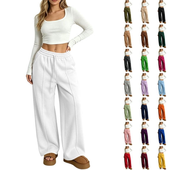 WULMLEO Women's Wide Leg Sweatpants with Front Seam Detail Elastic Drawstring High Waist Loose Casual Pants with Pockets White L