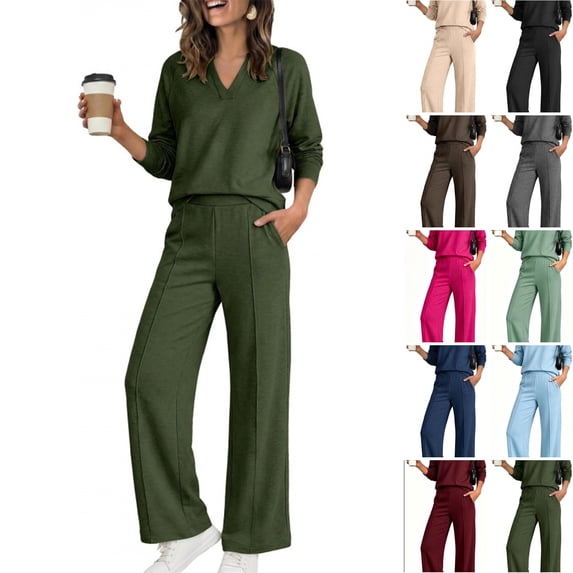 WULMLEO Womens 2 Piece Fall Sweatsuits Solid V Neck Long Sleeve Shirts Wide Leg Palazzo Pants Outfits Casual Jogging Tracksuit Cute Sets with Pockets Army Green L
