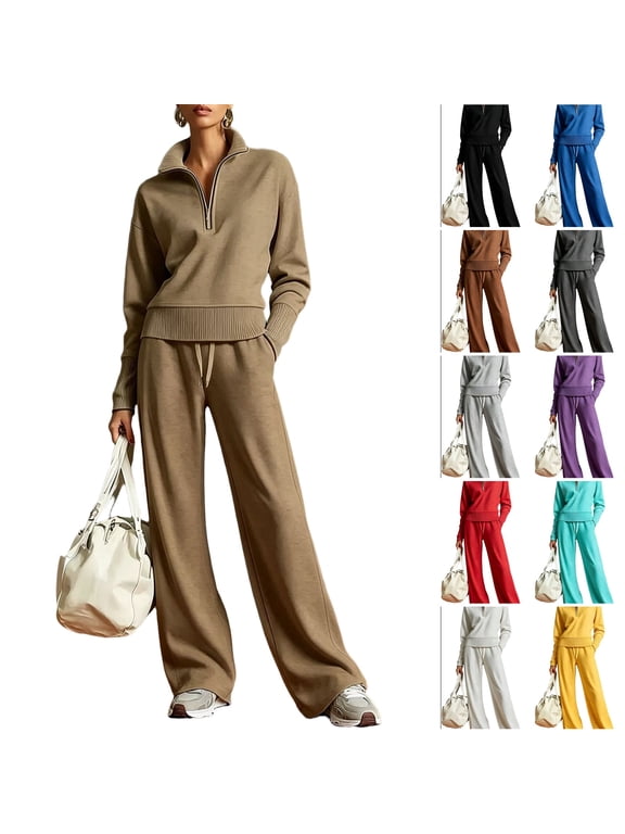 Womens 2 Piece Sets Knit Fall Quarter Zip Long Sleeve Pullover Wide Leg Palazzo Pants Suits 2026 Casual Soft Tracksuit Vacation Outfits with Pockets Khaki S