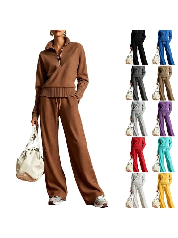 Womens 2 Piece Sets Knit Fall Quarter Zip Long Sleeve Pullover Wide Leg Palazzo Pants Tracksuit 2026 Casual Basic Suits Stretch Outfits with Pockets Brown 2XL