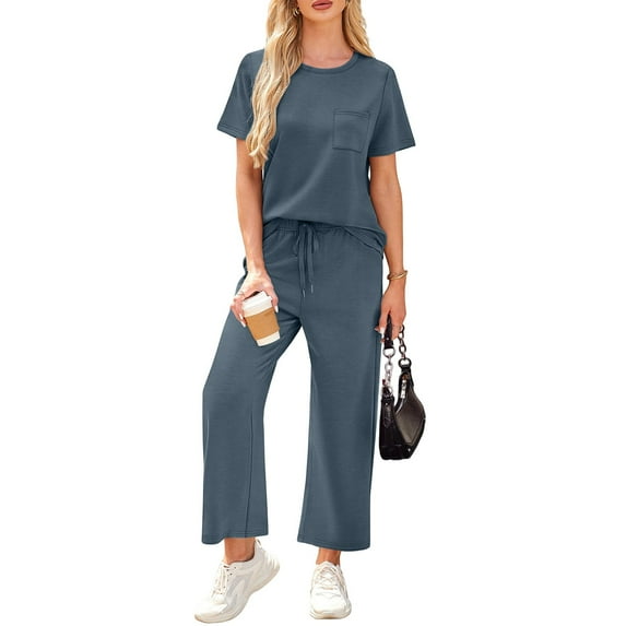 WULMLEO Womens 2 Piece Sets Spring Tops and Pants Cool Travel Matching Outfits Crew Neck Short Sleeve Summer Lounge Sets Blue M