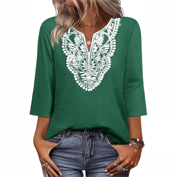 WULMLEO Womens 3/4 Sleeve Tops Cotton Linen Shirts V Neck Lace Casual Loose Fit Blouses Boho Fashion Army Green M