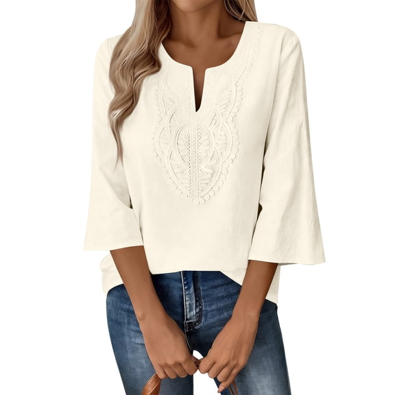 WULMLEO Womens 3/4 Sleeve Tops Cotton Linen Shirts V Neck Lace Casual Loose Fit Blouses Boho Fashion Beige M