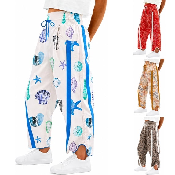 WULMLEO Womens Baggy Wide Leg Pants Casual Elastic High Waisted Drawstring Printed Workout Vintage Sweatpants Navy L