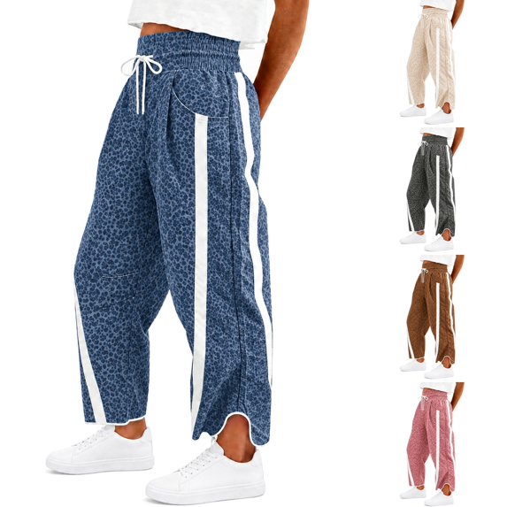 WULMLEO Womens Baggy Wide Leg Pants Casual Elastic High Waisted Printed Workout Sweatpants Blue S