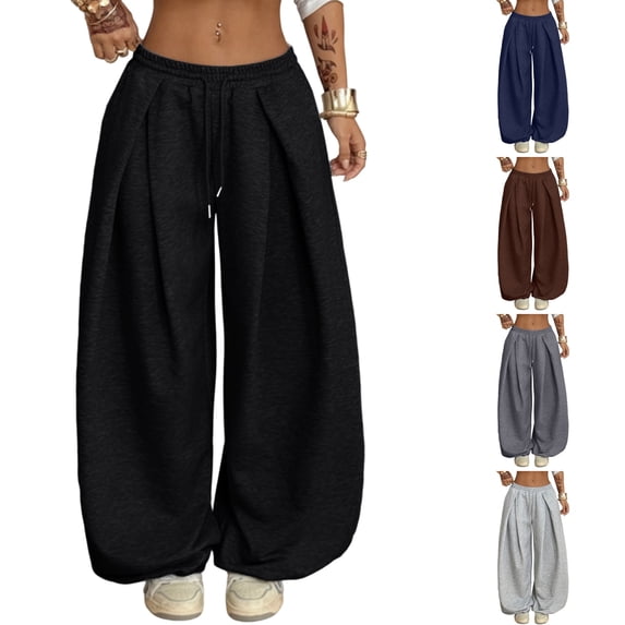 WULMLEO Womens Baggy Wide Leg Sweatpants Elastic High Waist Casual Loose Trousers With Pockets Black L