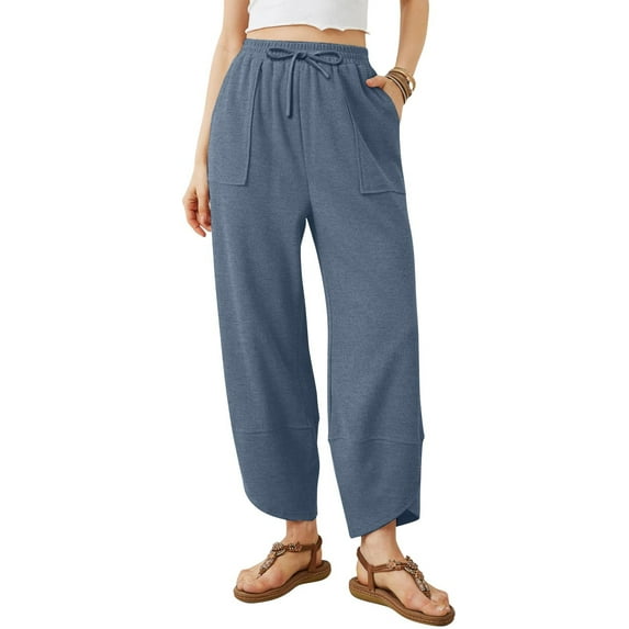 WULMLEO Womens Barrel Harem Linen Pants Wide Leg Pants Baggy Palazzo Drawstring Elastic Waist with Pockets Beach Sky Blue L