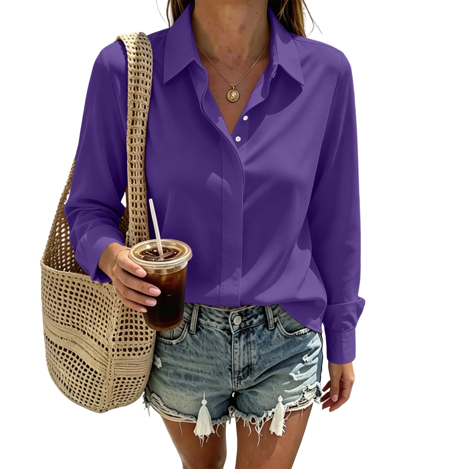 WULMLEO Womens Blouses Point Collar Long Sleeve Button Down Shirts ...