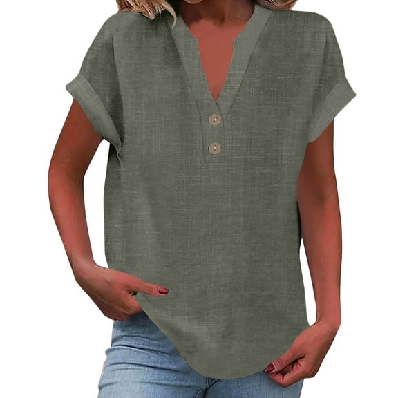 WULMLEO Womens Button Down Linen Shirt Short Sleeve V Neck Shirts Solid Color Comfy Tops Summer Casual Dressy Tunic Top Army Green XL