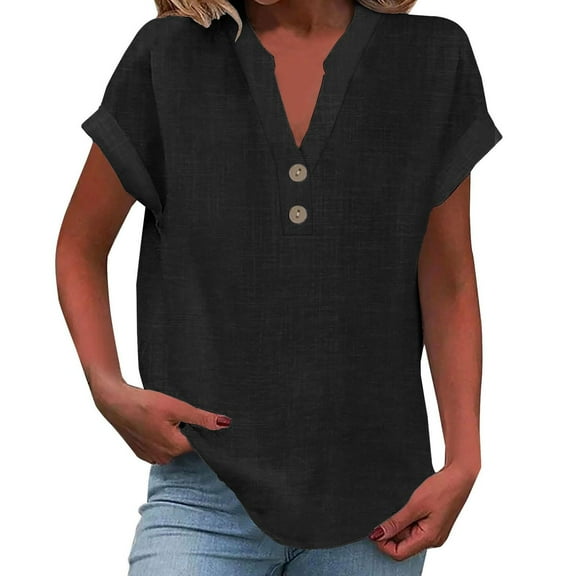 WULMLEO Womens Button Down Linen Shirt Short Sleeve V Neck Shirts Solid Color Comfy Tops Summer Casual Dressy Tunic Top Black 4XL