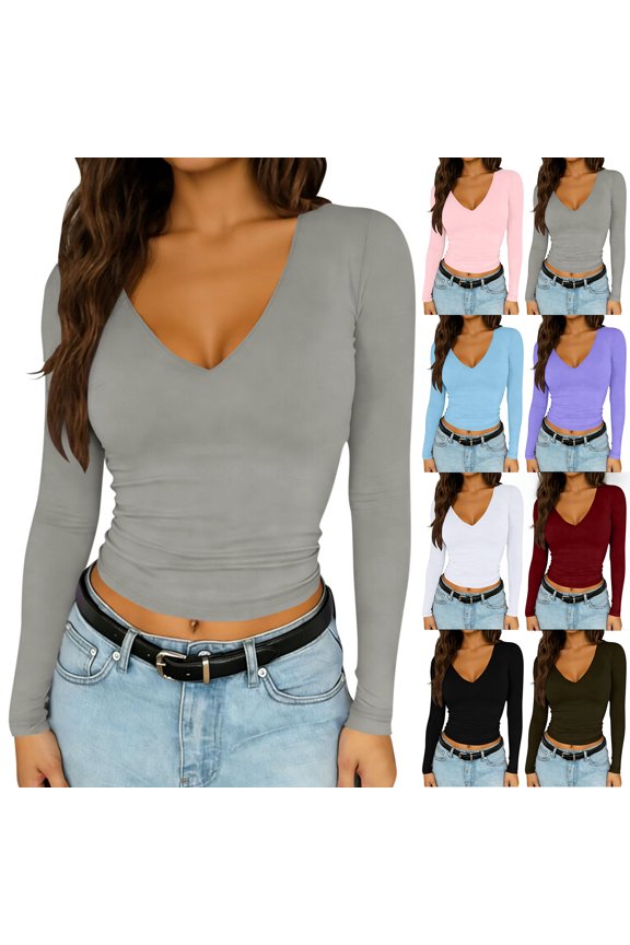 Womens Casual V Neck Long Sleeve Shirts Going Out Double Lined Crop Tops Lightweight Comfy Slim Fitted Basic Tee Shirt Sky Blue XL