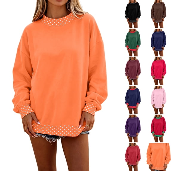 WULMLEO Womens Color Block Polka Dot Winter Sweatshirt Oversized Mock Neck Long Sleeve Tops Orange L