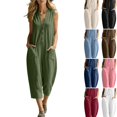 thumbnail image 1 of WULMLEO Womens Cotton Jumpsuits Sleeveless Casual Wide Leg Capri Rompers Baggy Button Down V Neck Summer Overalls Pockets Green 2XL, 1 of 7