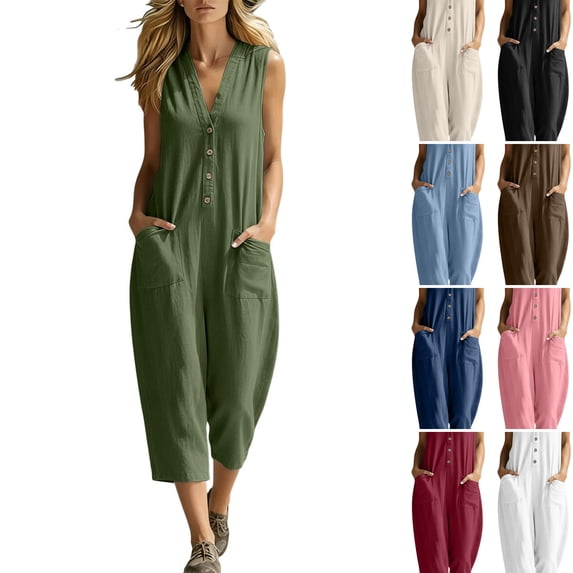 WULMLEO Womens Cotton Jumpsuits Sleeveless Casual Wide Leg Capri Rompers Baggy Button Down V Neck Summer Overalls Pockets Green 2XL
