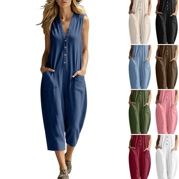 WULMLEO Womens Cotton Jumpsuits Sleeveless Casual Wide Leg Capri Rompers Baggy Button Down V Neck Summer Overalls Pockets Navy S