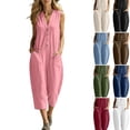 thumbnail image 1 of WULMLEO Womens Cotton Jumpsuits Sleeveless Casual Wide Leg Capri Rompers Baggy Button Down V Neck Summer Overalls Pockets Pink M, 1 of 7
