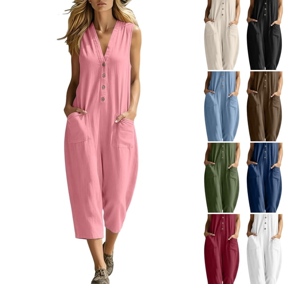 WULMLEO Womens Cotton Jumpsuits Sleeveless Casual Wide Leg Capri Rompers Baggy Button Down V Neck Summer Overalls Pockets Pink M