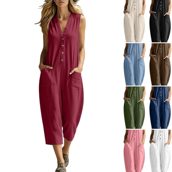 WULMLEO Womens Cotton Jumpsuits Sleeveless Casual Wide Leg Capri Rompers Baggy Button Down V Neck Summer Overalls Pockets Wine S