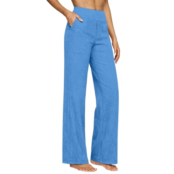 WULMLEO Womens Cotton Linen Pants Petite 2026 Summer Lightweight High Waist Straight Leg Solid Beach Lounge Trousers Light Blue 2XL