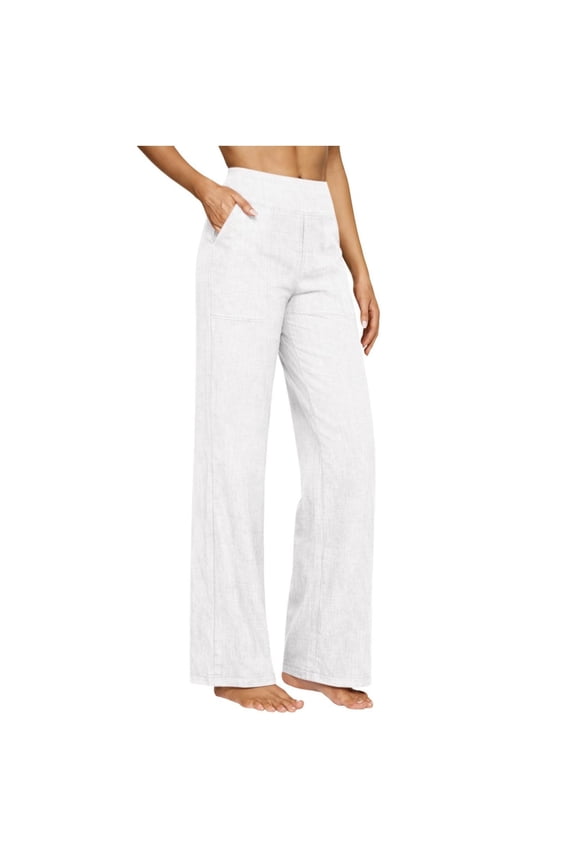 Womens Cotton Linen Pants Petite 2026 Summer Lightweight High Waist Straight Leg Solid Beach Lounge Trousers White M