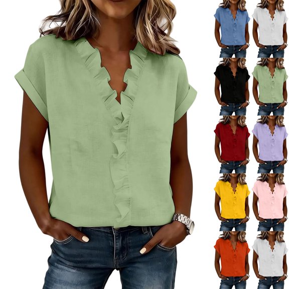 WULMLEO Womens Cotton Ruffle V Neck Shirts 2026 Classy Cap Short Sleeve Summer Tops Trendy Plain Business Work Tunic Blouses Green S