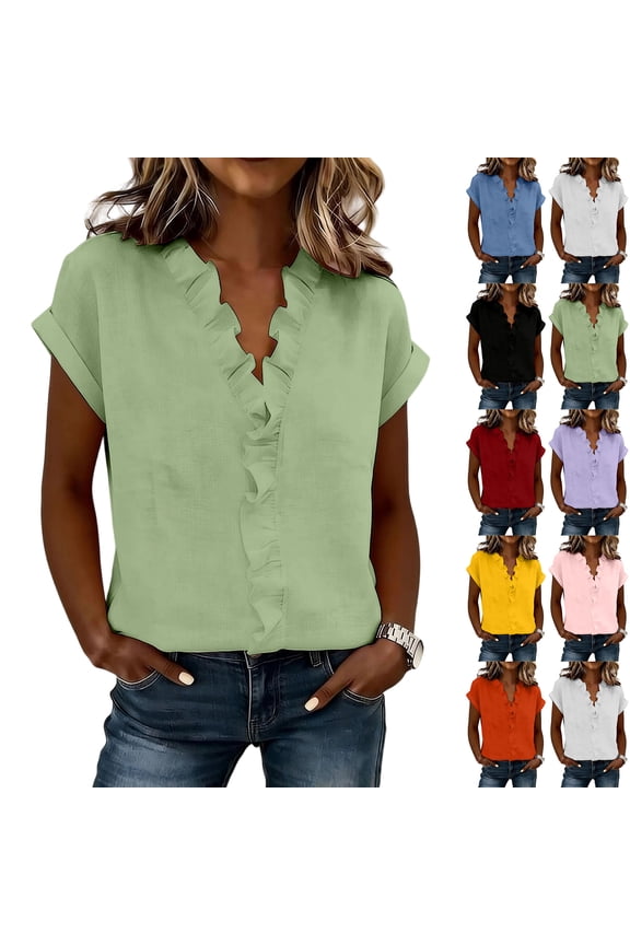 Womens Cotton Ruffle V Neck Shirts 2026 Classy Cap Short Sleeve Summer Tops Trendy Plain Business Work Tunic Blouses Green S
