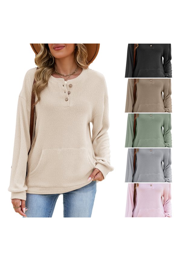 Womens Crewneck Sweatshirts Casual Henley Neck Snap Button Sweaters Long Sleeve Ribbed Loose Fit Fall Tops Beige M